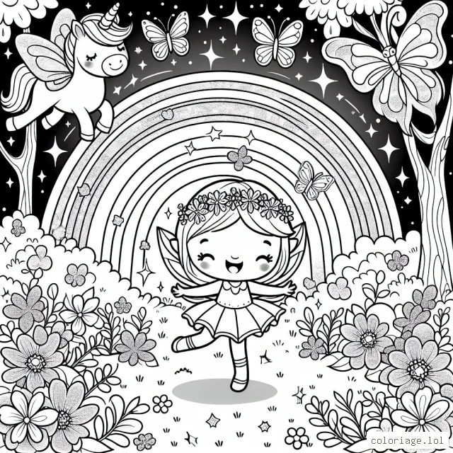 Une petite fée danse joyeusement dans une clairière lumineuse au milieu de la forêt enchantée, entourée de petits papillons chatoyants et de fleurs lumineuses. Un arc-en-ciel majestueux surplombe le paysage, et dans le coin, on peut voir une mignonne licorne paissant tranquillement.