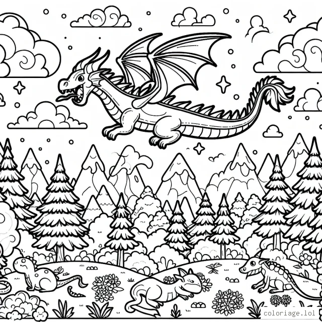 Un légendaire dragon de feu survolant une forêt enchantée peuplée de créatures magiques