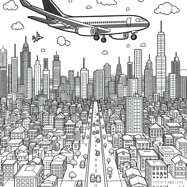 Un avion en vol au-dessus d'une ville animée
