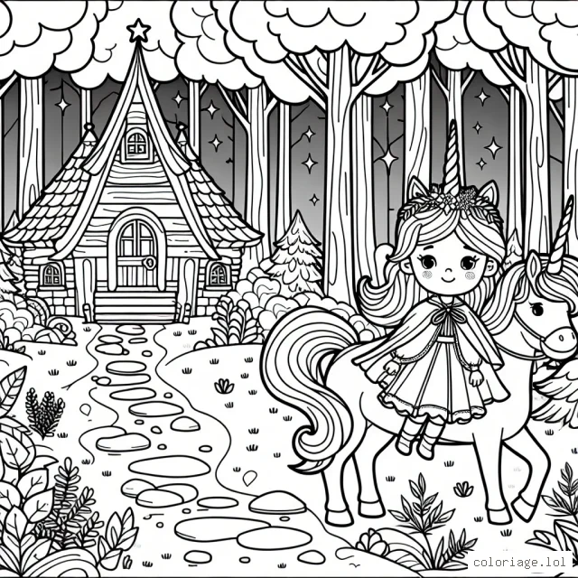 Un pays des merveilles féerique avec une princesse courageuse, son cheval licorne et un chalet magique dans une forêt enchantée