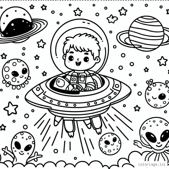 Un petit garçon pilote un vaisseau spatial dans un univers rempli d'étoiles, de planètes et d'extraterrestres amicaux.