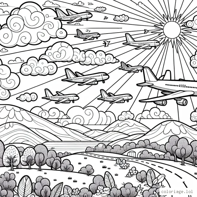Une flotte d'avions volant dans le ciel, aux côtés de nuages fougueux et d'un soleil resplendissant. La vue est depuis un sommet de montagne, avec de belles collines et des arbres épanouis en arrière-plan. Il y a aussi une petite piste d'atterrissage avec quelques avions sur le point de décoller.