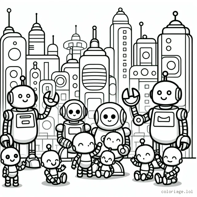 Un groupe de robots amicaux vivant dans une ville futuriste