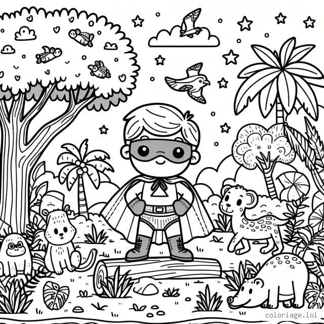 Imagine que tu es un petit aventurier qui va sauver la journée! Tu dois colorier ton super héros qui se prépare pour aller à la jungle. Il y a des arbres, des animaux sauvages, et même un trésor caché. N'oublie pas de mettre les couleurs que tu veux sur ton super héro, la jungle, les animaux et le trésor.