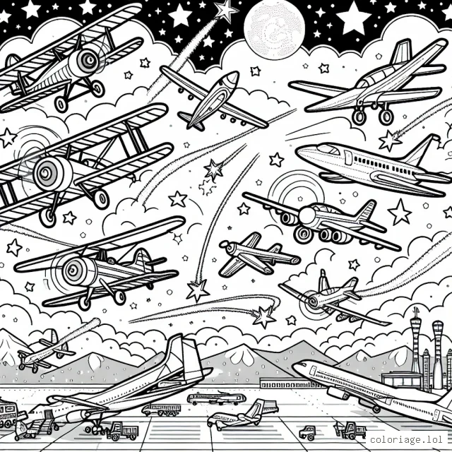 Des avions virevoltant dans le ciel étoilé, certains exécutant des acrobaties fabuleuses, tandis que d'autres planent tranquillement au-dessus des nuages. Des avions de diverses formes et tailles - des biplans classiques aux jets modernes, sont présentés. Certaines de ces machines merveilleuses volent haut dans le ciel, tandis que d'autres sont prêts à décoller ou à atterrir, avec un aéroport rempli d'activité en arrière-plan.