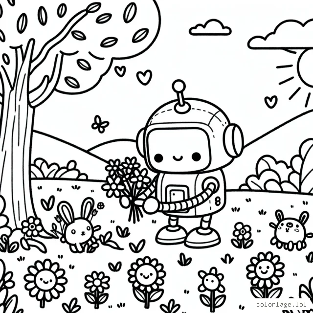 Un robot amical qui cueille des fleurs dans un champ enchanté peuplé de petits animaux amusants
