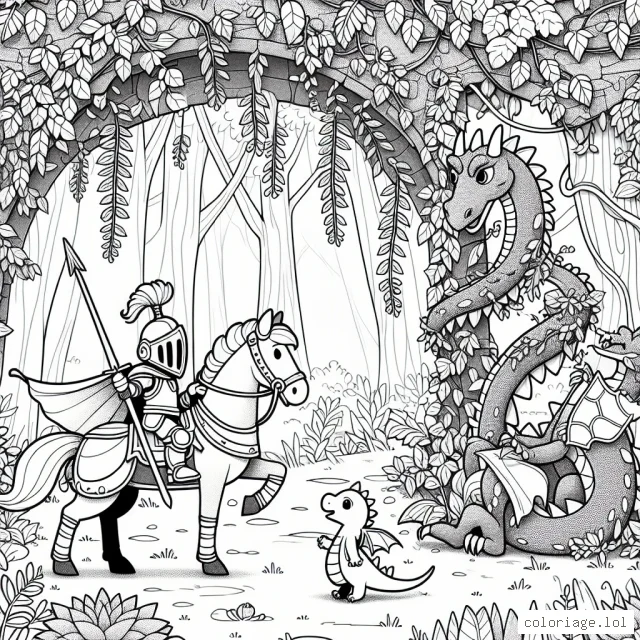 Dans un monde magique, un courageux chevalier marche à travers une forêt enchantée pour sauver un mignon dragon pris au piège dans les lianes d'une plante grimpante.