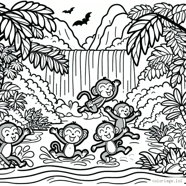 Dessine un groupe de singes espiègles jouant dans une jungle colorée avec des cascades