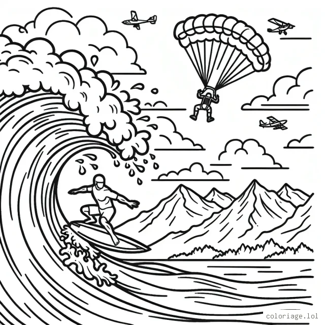 Un surfeur audacieux qui surfe sur une énorme vague, avec pendant ce temps un parachutiste tombe dans le ciel au-dessus de lui. En arrière-plan, on aperçoit des montagnes avec un snowboardeur prêt à descendre une piste raide