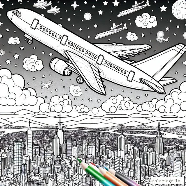Un avion de ligne survolant la ville animée, avec un fond de ciel constellé d'étoiles et de nuages doux. L'avion transporte des passagers de différentes cultures, pays et professions, visibles à travers les fenêtres de l'avion. Dessinez, colorez et donnez vie à ce voyage aérien palpitant.
