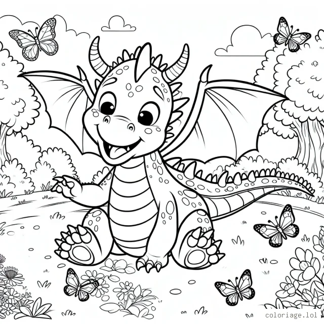 Un dragon gentil jouant avec des papillons dans une clairière enchanteresse