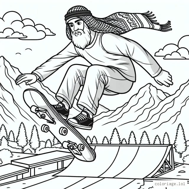 Un skate-boarder exécutant un saut spectaculaire au-dessus d'une rampe, avec des montagnes en arrière-plan