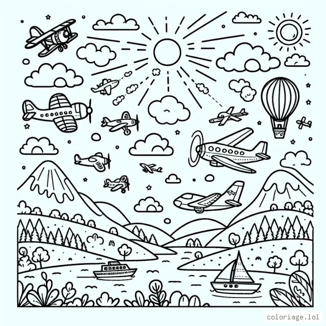 Imagine une scène où plusieurs types d'avions volent dans le ciel pendant une journée ensoleillée. Il y a de petits avions à hélices, de grands avions à jets, des hélicoptères et même des montgolfières. Tous ces avions volent au-dessus d'un beau paysage avec des montagnes, des arbres et un grand lac. Esquisse tout cela avec le plus de détails possible.