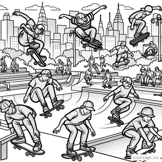 Dessine une scène de skateboard extrême dans un parc urbain avec plusieurs skaters en action.