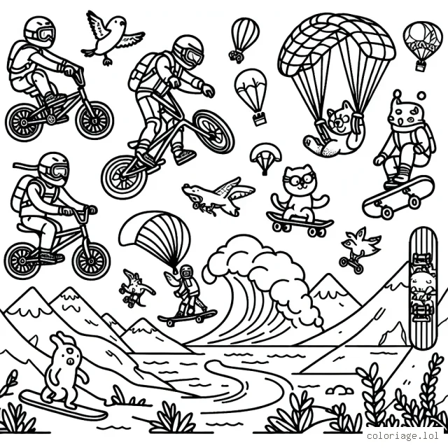 Dans ce dessin, les enfants pourront colorier différents sports extrêmes comme du BMX, du surf de grosse vague, du skateboard vert, du parachutisme et du snowboard en montagne. Le dessin comprend aussi des animaux faisant ces sports pour plus d'amusement.