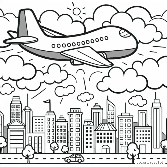 Dessine un avion passager volant au-dessus des nuages, avec une villes se trouve juste en dessous. N'oublie pas d'ajouter des détails comme les fenêtres de l'avion, les ailes et le logo de la compagnie aérienne. Pour la ville, dessine des bâtiments, des arbres et des routes.