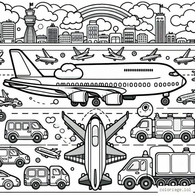 Vous êtes au cœur d'un aéroport international très animé. Devant vous se trouve un avion majestueux prêt à décoller. Autour de vous, des véhicules spéciaux fourmillent pour lui donner tout le carburant et les provisions nécessaires. Un avion de ce type peut voyager à travers le monde, imaginez alors toutes les endroits incroyables qu'il pourrait atteindre. À vous de les colorer à votre guise.