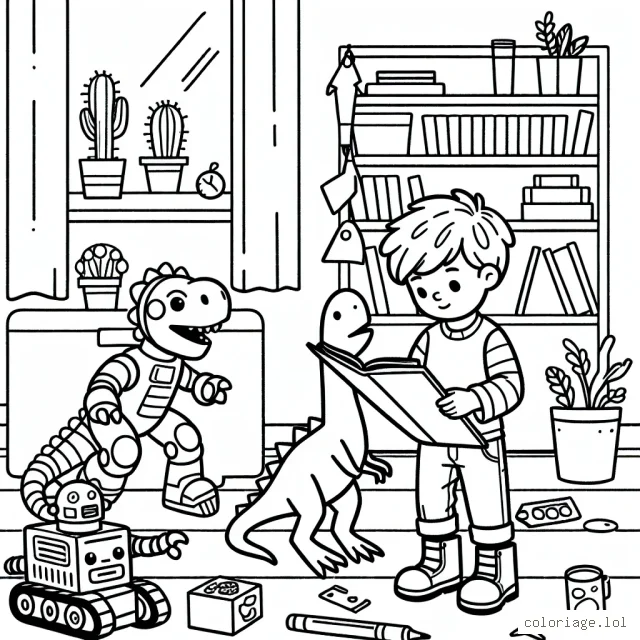 Un petit garçon joue avec son robot et son dinosaure dans sa chambre en désordre