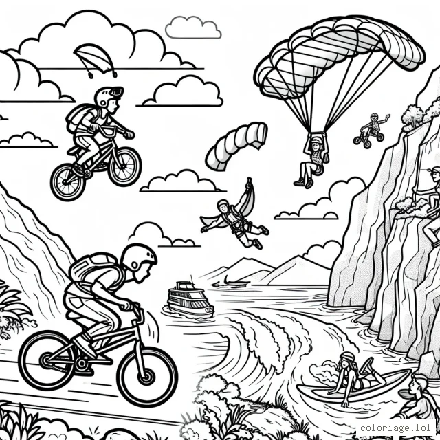 Un groupe de jeunes aventuriers fait du BMX sur des collines rocheuses, un autre fait du parachute depuis un hélicoptère au-dessus, pendant qu'une athlète fait du surf sur une grosse vague à proximité. Sur la terre ferme, quelques amis sont en pleine escalade de montagne.