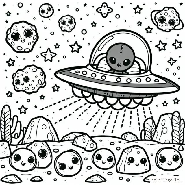 Un vaisseau spatial intergalactique volant à travers un champ d'astéroïdes avec des extraterrestres souriants