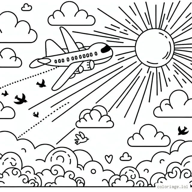 Un avion volant parmi les nuages, des oiseaux et un soleil radieux à colorier.