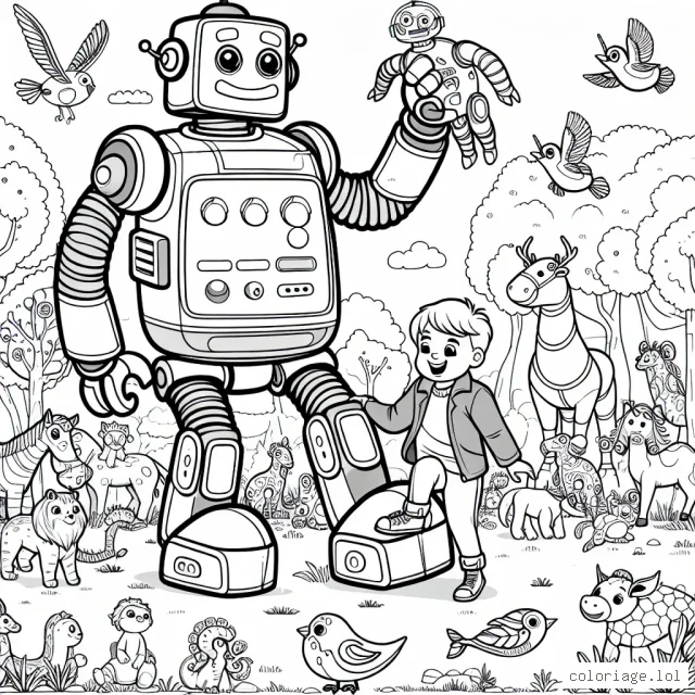 Un petit garçon joue avec son robot géant dans un parc peuplé d'animaux fantastiques et colorés