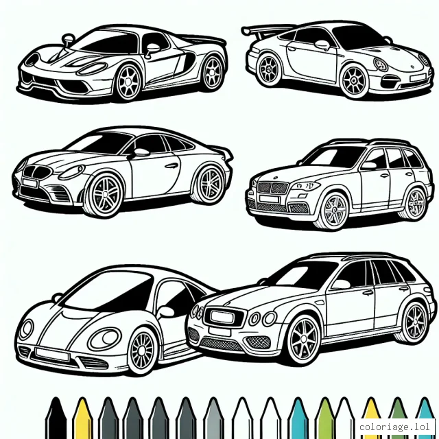 Colorie la planche proposée en te basant sur les vraies couleurs des voitures par marque. Retrouve parmi elles la Ferrari rouge, la Mini Cooper britannique, la Mercedes grise, la BMW bleu galvanisé, la Volvo verte discrète et la Maserati jaune pétillante.