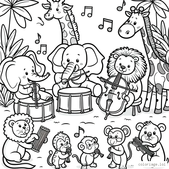 Feuille de coloriage pour les enfants présentant une grande variété d'animaux de la jungle jouant un concert musical