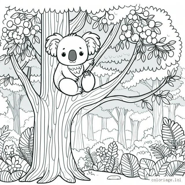 Un petit koala perché sur un arbre eucalyptus magique dans une forêt enchantée.