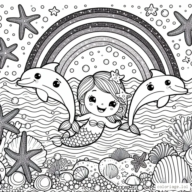 Une petite sirène joyeuse nage avec des dauphins amicaux dans un océan d'étoiles de mer et de coquillages multicolores. Un arc-en-ciel resplendissant s'étire de loin, ajoutant une touche de couleur magique au paysage marin. Des perles scintillantes et des trésors cachés attendent d'être découverts sur le fond marin.
