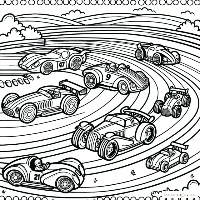 Huit voitures en pleine course sur une piste de circuit, toutes de marques et de modèles différents. Chaque voiture à son propre espace dédié pour le coloriage. L'image donne une sensation de mouvement et de vitesse. Reste à peindre les voitures et à créer l'atmosphère de la course en apportant des teintes dynamiques à la piste et au paysage environnant.