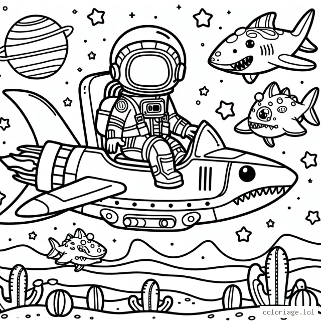 Explorateur galactique à bord d'un vaisseau spatial en forme de requin survolant une planète peuplée de créatures extraterrestres amicales.