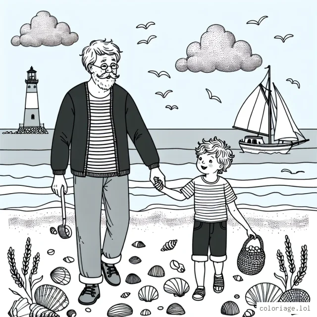 Un petit garçon tient fermement la main de son grand-père qui est un ancien marin tandis qu'ils se promènent ensemble le long de la plage recouverte de coquillages. Un grand bateau à voiles est visible à l'horizon, et un phare se dresse fièrement à l'arrière-plan. Le ciel est parsemé de nuages en forme d'animaux et de créatures imaginaires.