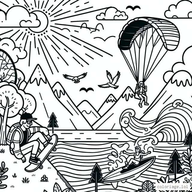 Sur cette page de coloriage, il y a trois amis qui font divers sports extrêmes dans des endroits différents. Il y a quelqu'un sur un skateboard qui descend une rampe, une autre personne fait du parapente depuis une haute montagne, et une autre personne fait du surf sur une grande vague. Il y a aussi des éclats de soleil, des nuages et des oiseaux dans le ciel, des arbres autour de la rampe de skateboard et des poissons dans la mer avec le surfeur.