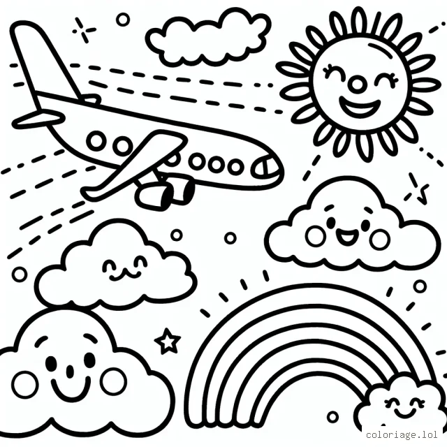 Dessinez un avion de ligne qui survole les nuages ​​souriants avec un soleil riant et un arc-en-ciel radieux dans le ciel.