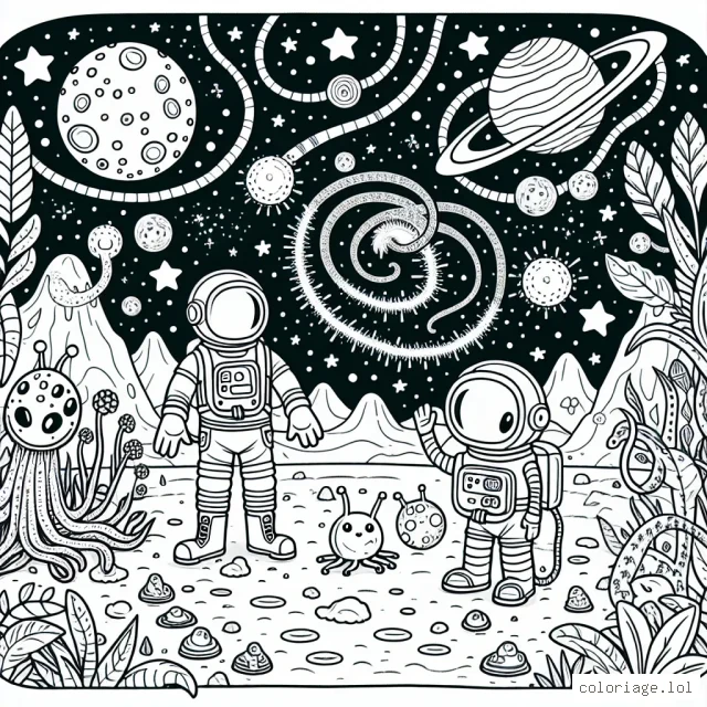 Un astronaute se promène sur une planète inconnue, découvrant des extraterrestres amicaux et des plantes étranges. Ils jouent ensemble à un jeu de ballon intergalactique. Le paysage autour d'eux est rempli d'étoiles scintillantes, de nébuleuses colorées et de galaxies spiralées.
