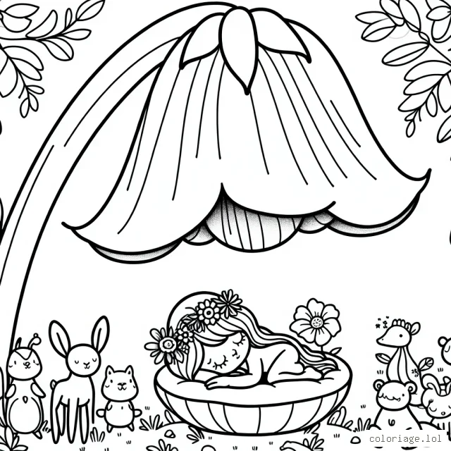 Une petite fée endormie sous une gigantesque fleur en forme de cloche, entourée par ses amis les animaux de la forêt