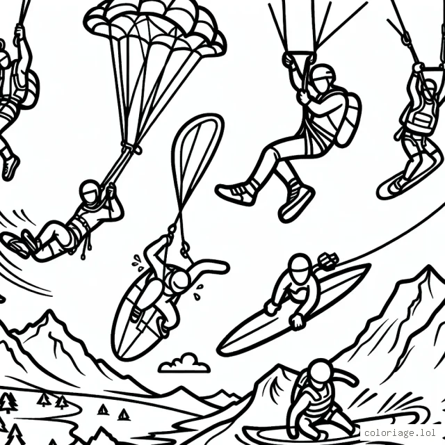 Imagine un dessin dynamique qui illustre les différents sports extrêmes. Il pourrait contenir du sport de montagne comme de l'escalade ou du saut à l'élastique, des sports aquatiques comme le surf ou le kayak, et des sports aériens comme le base jump ou le parapente.