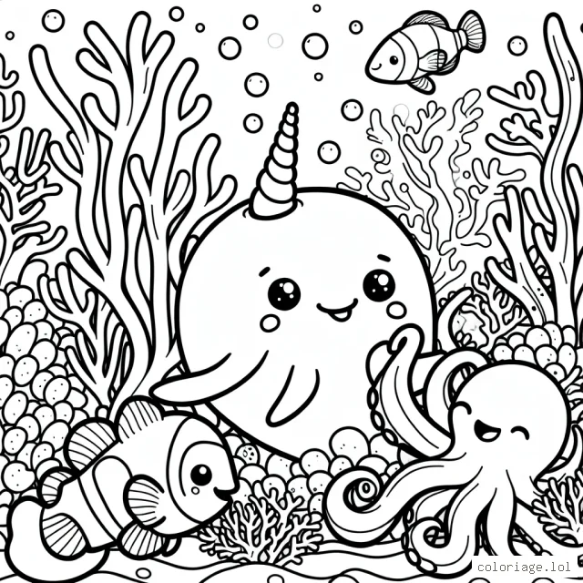 Une scène sous-marine animée avec un narval joyeux, un poisson clown curieux et une pieuvre souriante entourés de coraux colorés