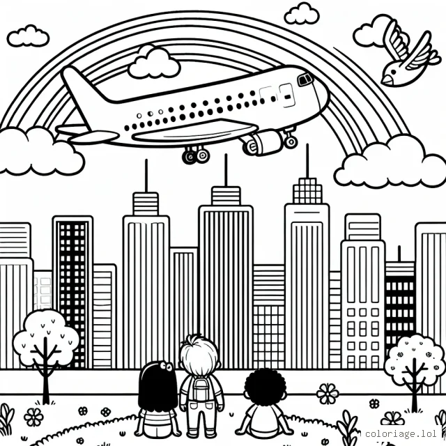 Un avion vole haut dans le ciel parmi les nuages et se prépare à atterrir sur une piste située dans une ville plein de gratte-ciels. Un arc-en-ciel se déploie subtilement en arrière-plan, tandis qu'un petit oiseau vole en parallèle avec l'avion. Deux enfants regardent le spectacle depuis un parc avec émerveillement. Transformez cette scène en couleurs !
