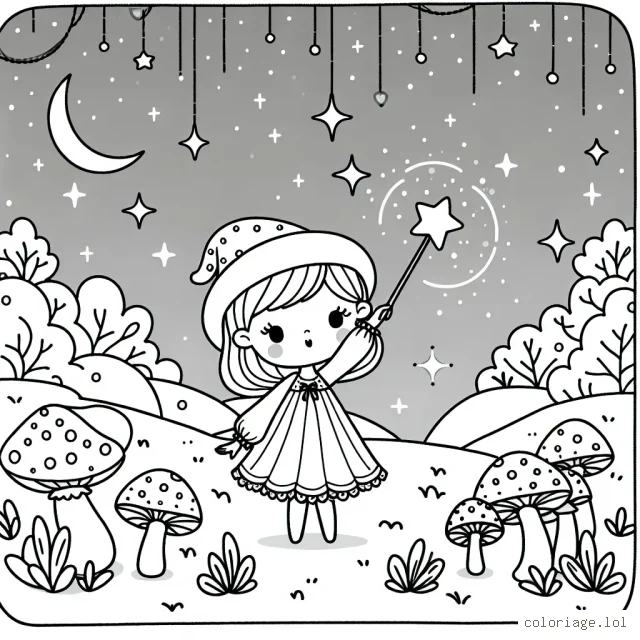 Une petite fée enchantée agitant sa baguette magique devant son royaume de champignons étincelants sous les pétillantes étoiles de la nuit.