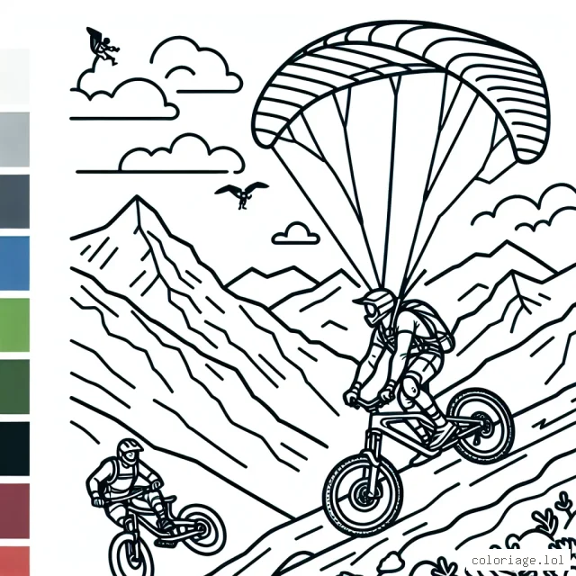 Dessine un sportif extrême réalisant une acrobatie en parapente au-dessus des montagnes, tandis qu'un autre descend une pente de montagne rapide en VTT.