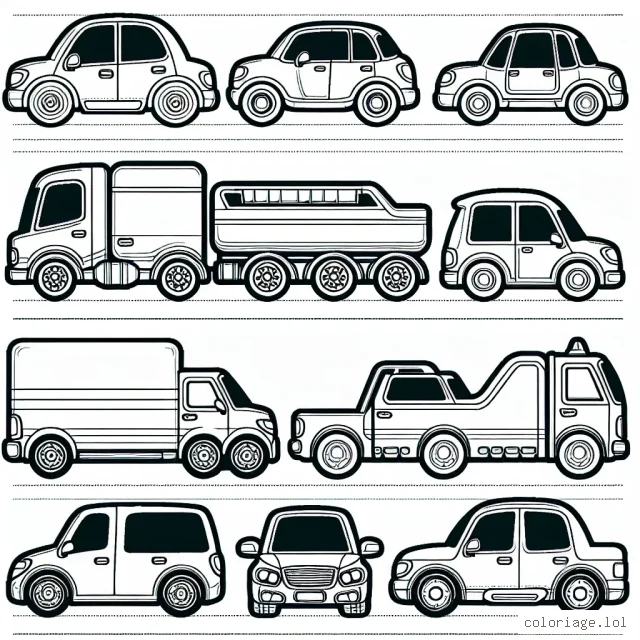 Un dessin montrant différentes marques de voitures alignées en rang prêtes à être colorées.