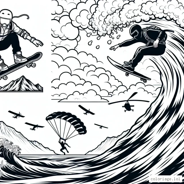 Une scène passionnante de sports extrêmes où un skateur audacieux effectue un saut vertigineux par-dessus une montagne, un surfeur audacieux affronte une vague gigantesque, et un parachutiste s'élance dans un ciel parsemé de nuages