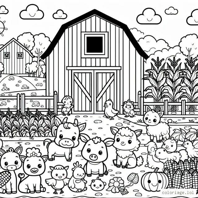 Une journée à la ferme avec tous les animaux de la ferme dessinés avec des visages heureux. Il y a également une grande grange rouge, un champ de maïs jaune et des légumes dans un potager.