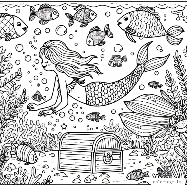 Une petite sirène plonge dans l'océan, entourée de nombreux poissons aux couleurs éclatantes, tout en tenant un coffre au trésor
