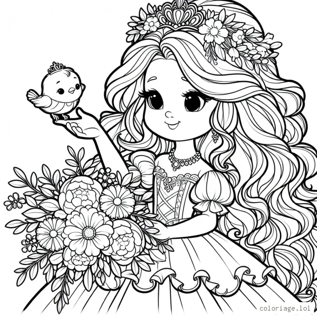 Une charmante princesse aux longs cheveux bouclés, vêtue d'une magnifique robe à volants, tient un bouquet de fleurs de printemps tout en s'adressant à un petit oiseau bleu sur son doigt.
