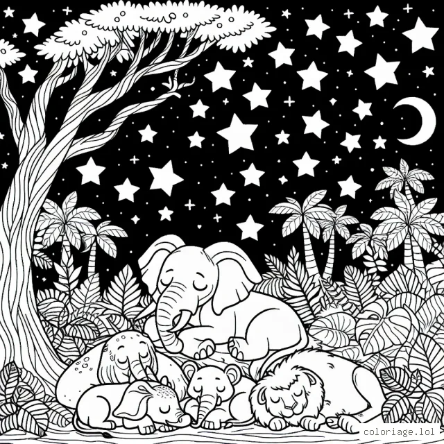 Une nuit étoilée dans la jungle, avec des animaux endormis sous un grand arbre