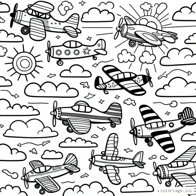 Un escadron d'avions remplissant le ciel d'une journée ensoleillée, avec des nuages ​​soyeuses parsemant l'horizon. Chaque avion a une taille, un type et des décors uniques qui permettront aux enfants de se délecter de la richesse des détails à colorer.