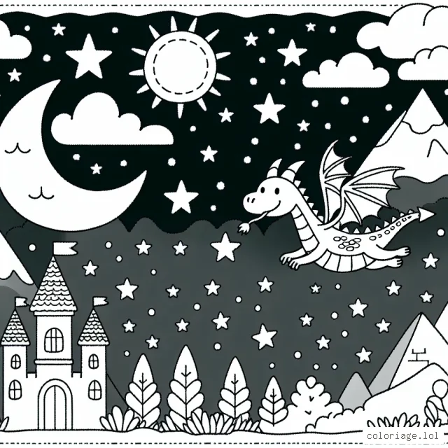 Un joyeux dragon volant dans le ciel étoilé encadré par les châteaux et les montagnes.